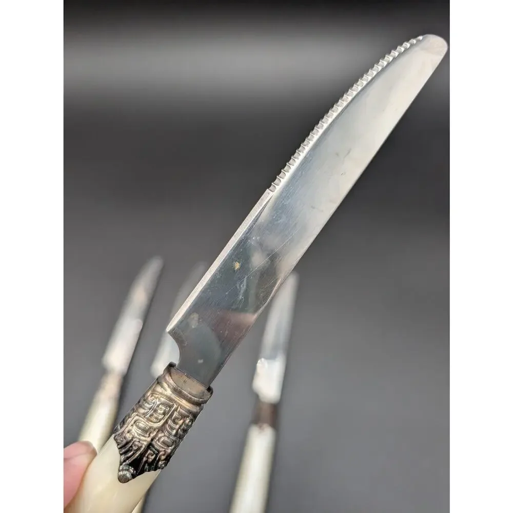 4 Gibson Roseland Serrated Dinner Knives White Pearlescent Handles Vintage Boho